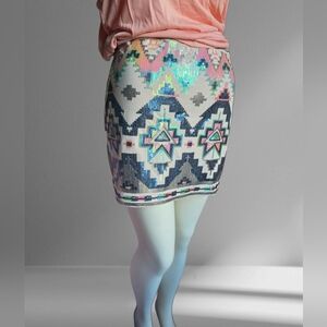 Y2K Express Sequin Aztec Mini Skirt Boho Festival Beaded Pattern Size M